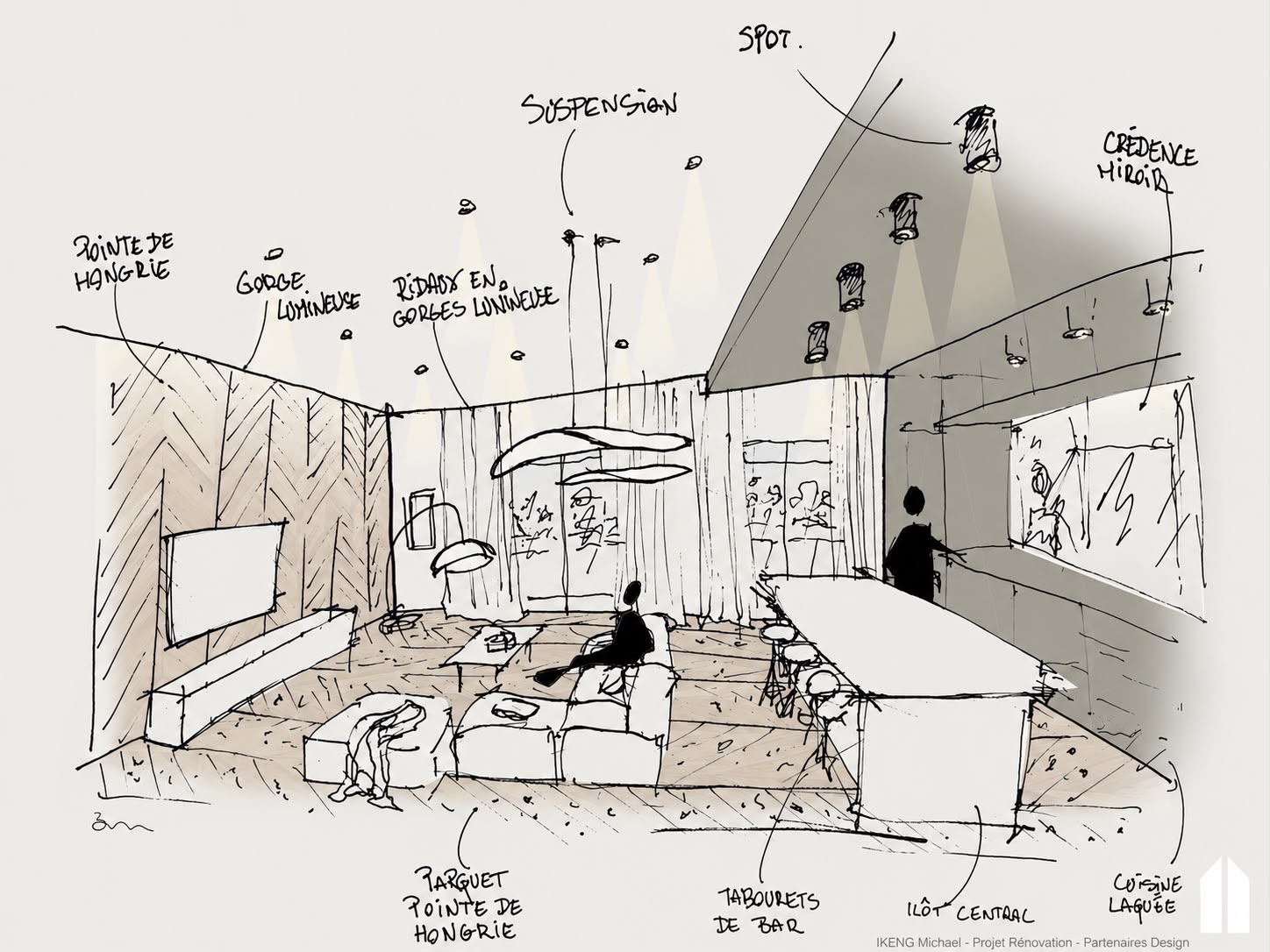 Croquis et plan d'aménagement d'un projet de rénovation immobilière